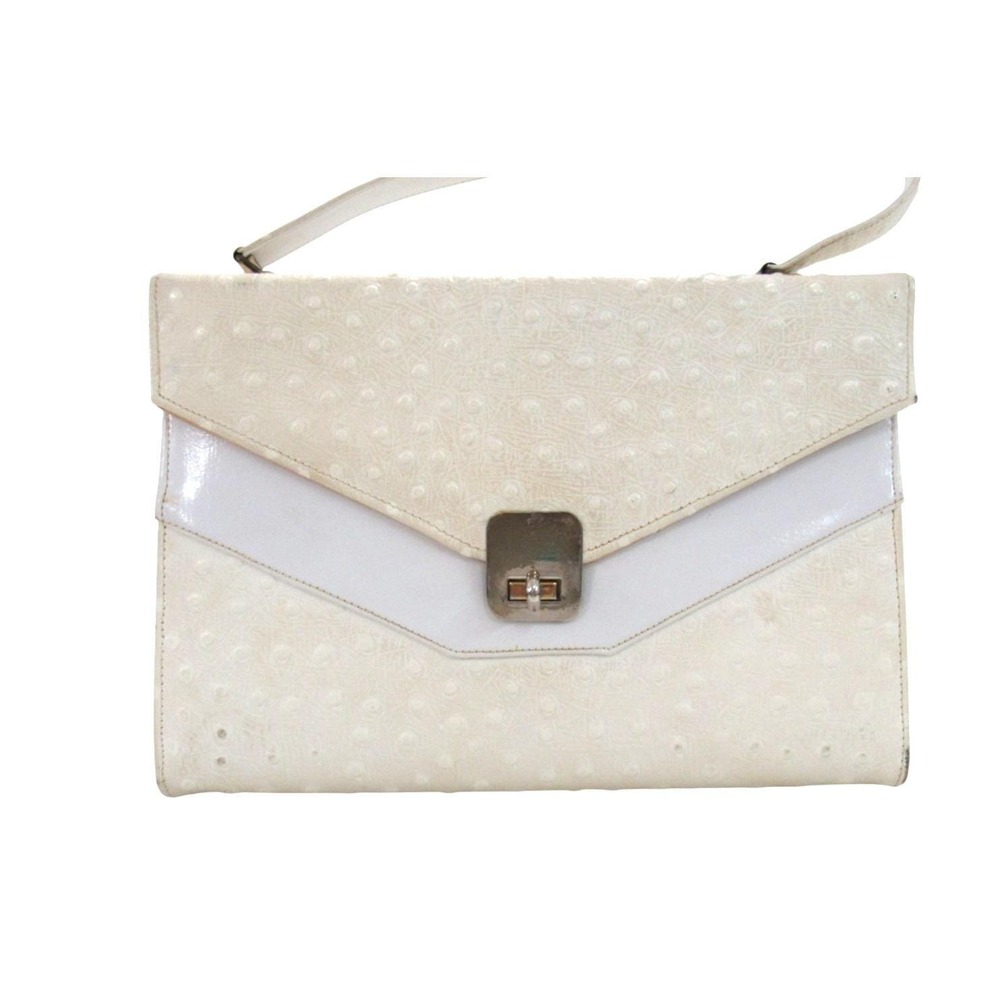 Vtg TOWN & COUNTRY Off-White Faux Leather Ostrich Print Top Handle Box PURSE/Bag